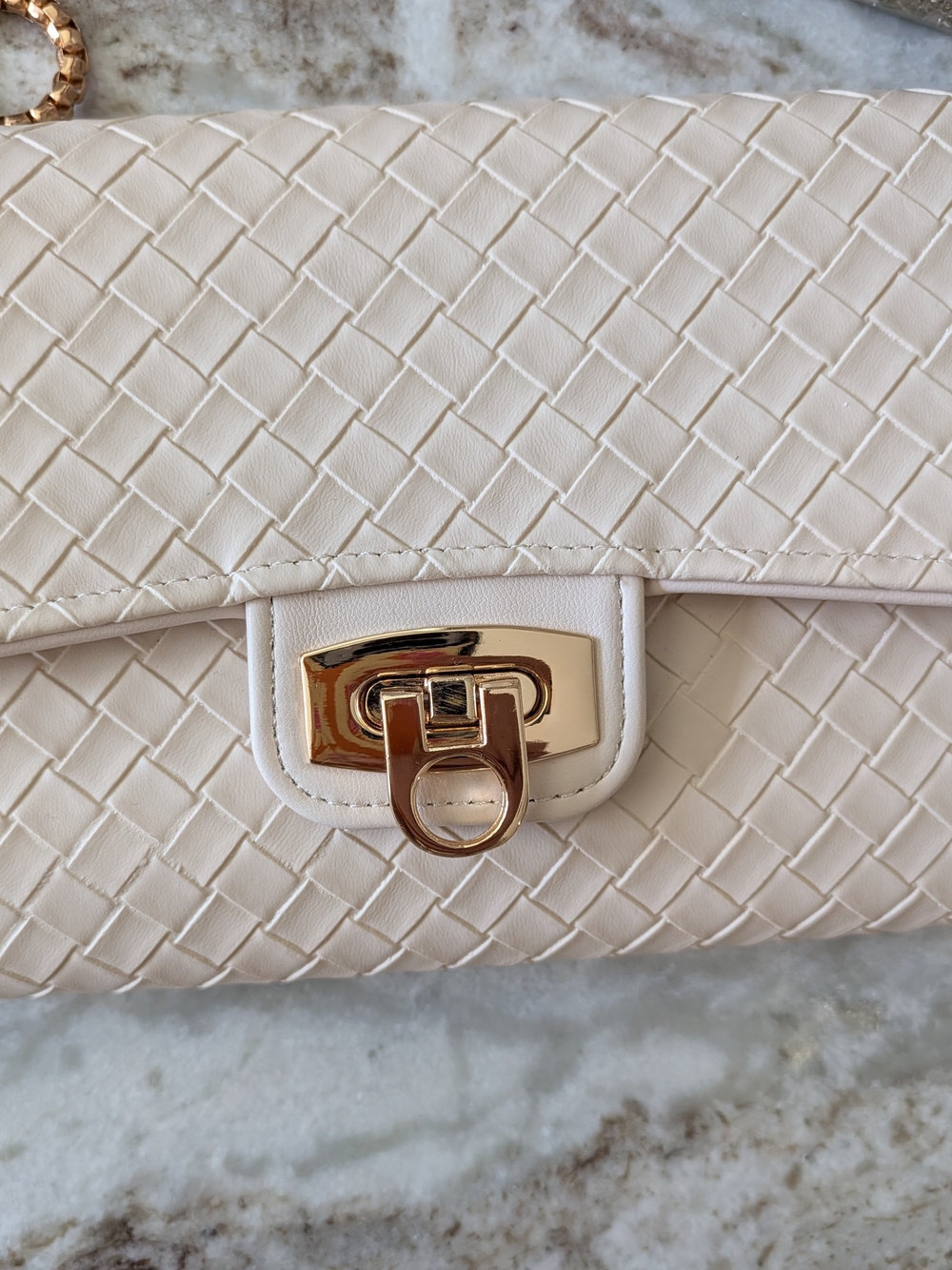 Women's Cream Woven Leather Dressy Crossbody Bag with Gold Chain - Picture 5 of 11